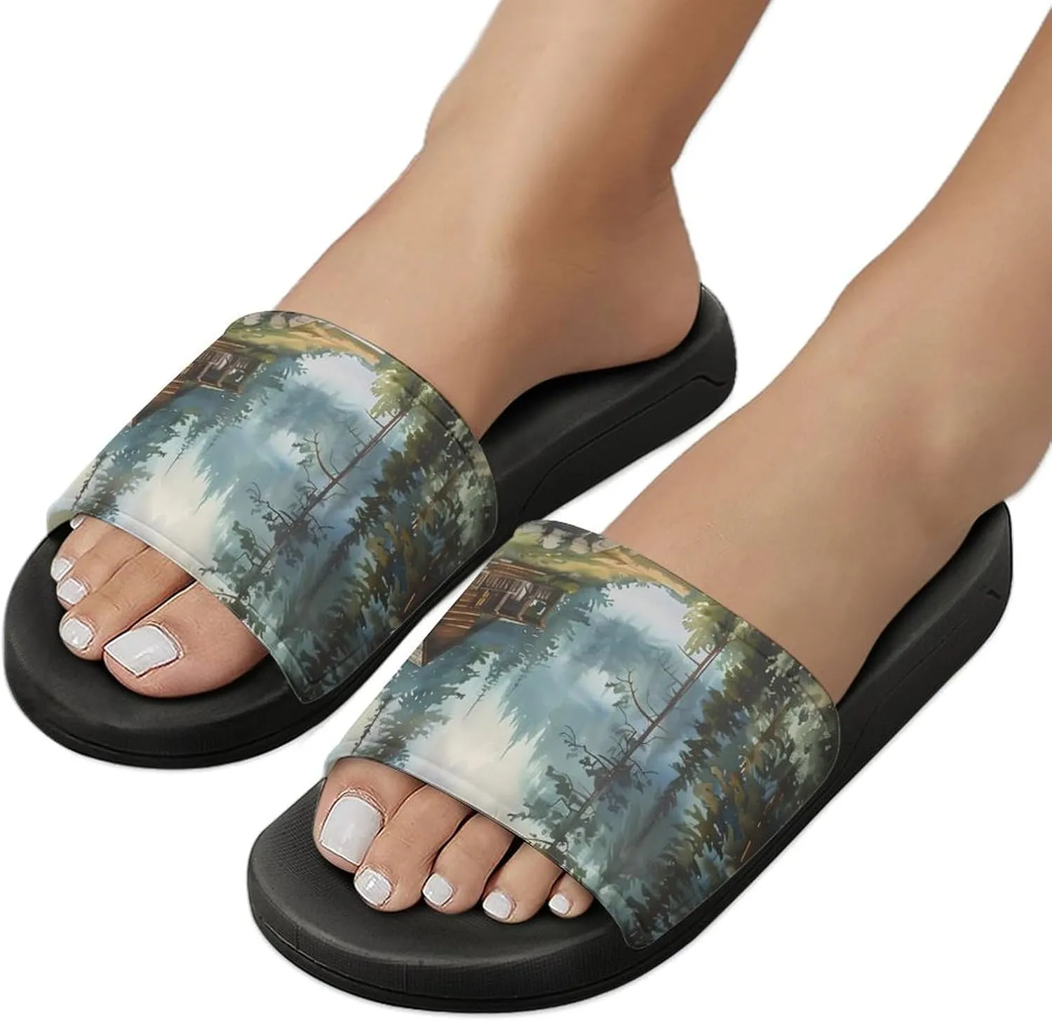 Old Cabin Lakeside Scenery Unisex Non-Slip Home Slippers Open-toe Outdoor Indoor Slide Shoes Shower Sandals