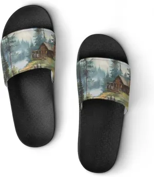 Old Cabin Lakeside Scenery Unisex Non-Slip Home Slippers Open-toe Outdoor Indoor Slide Shoes Shower Sandals