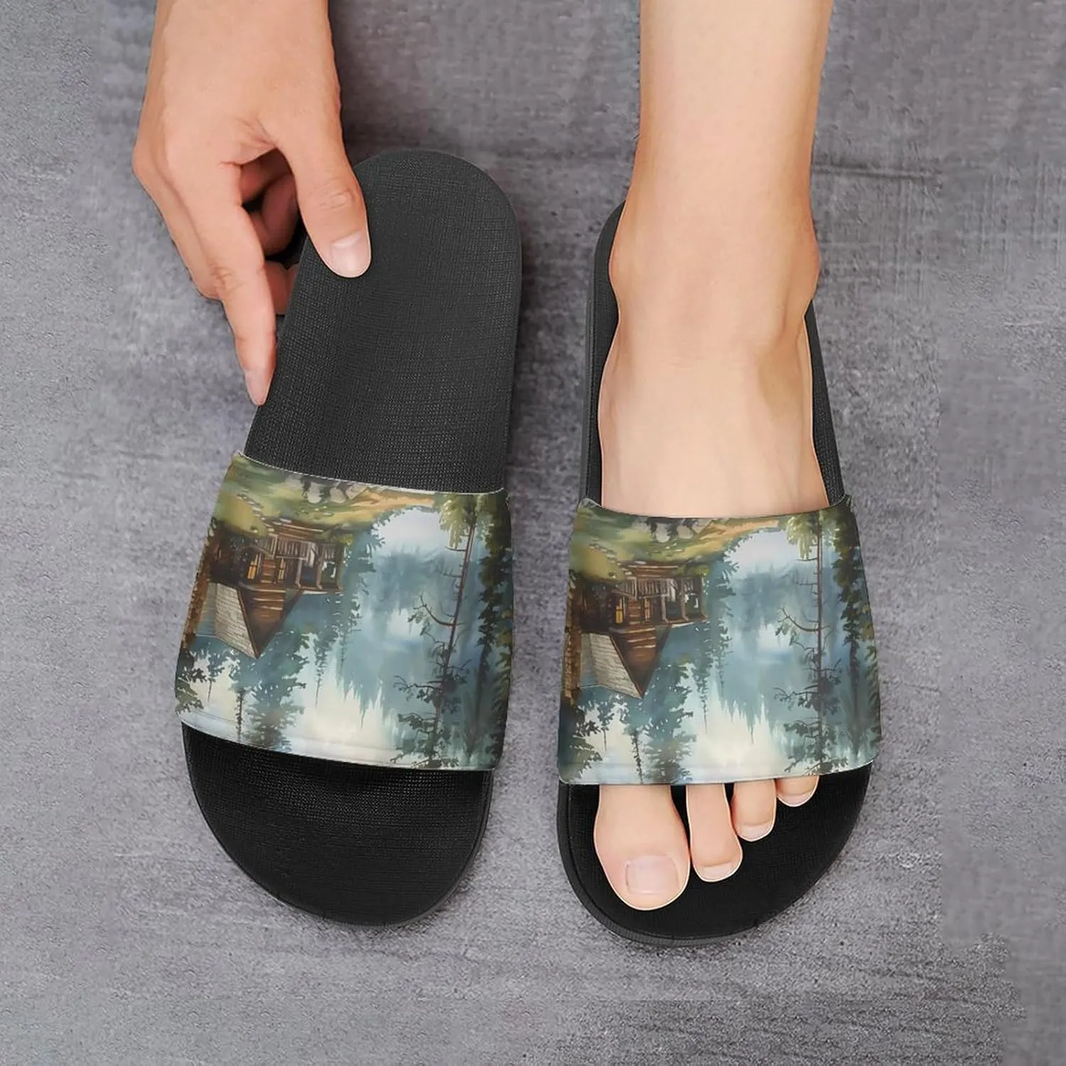 Old Cabin Lakeside Scenery Unisex Non-Slip Home Slippers Open-toe Outdoor Indoor Slide Shoes Shower Sandals