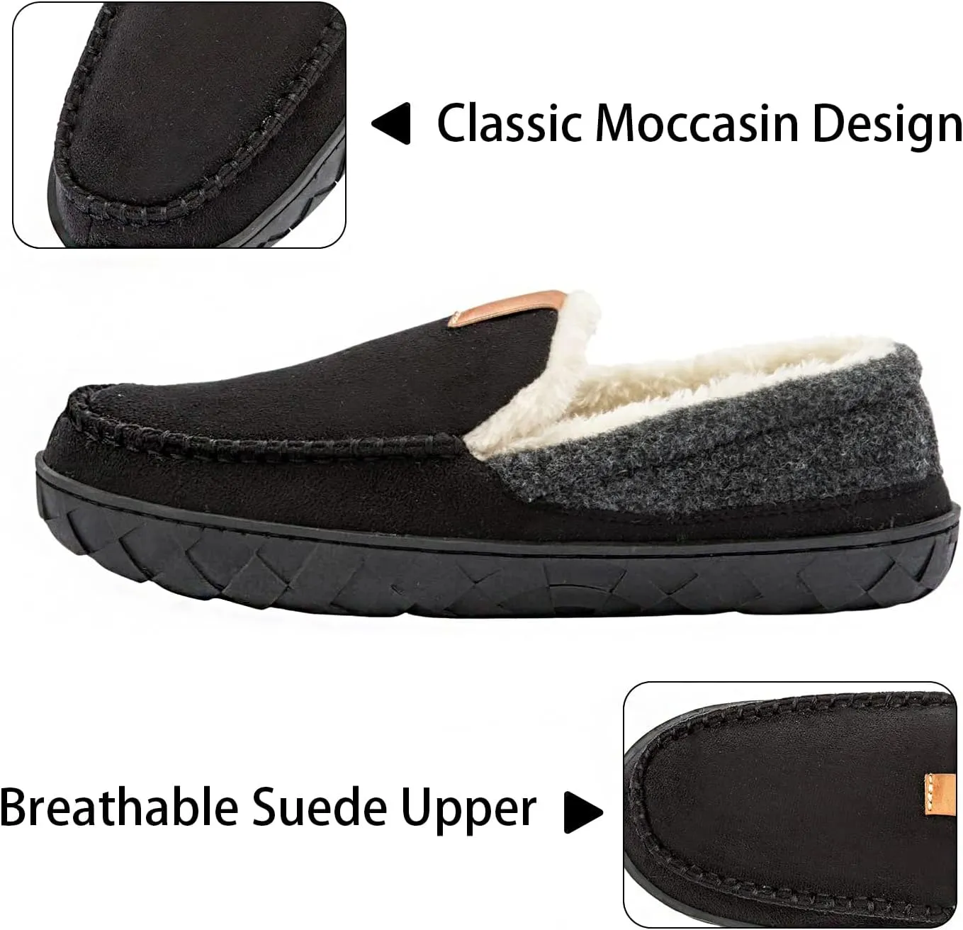 Ranberone Mens Moccasin Slippers Suede Memory Foam House Slippers with Soft Fleece Lining Anti-Skid Sole Indoor Outdoor House Shoes