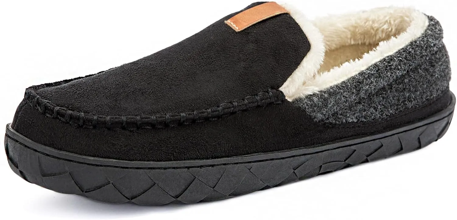 Ranberone Mens Moccasin Slippers Suede Memory Foam House Slippers with Soft Fleece Lining Anti-Skid Sole Indoor Outdoor House Shoes