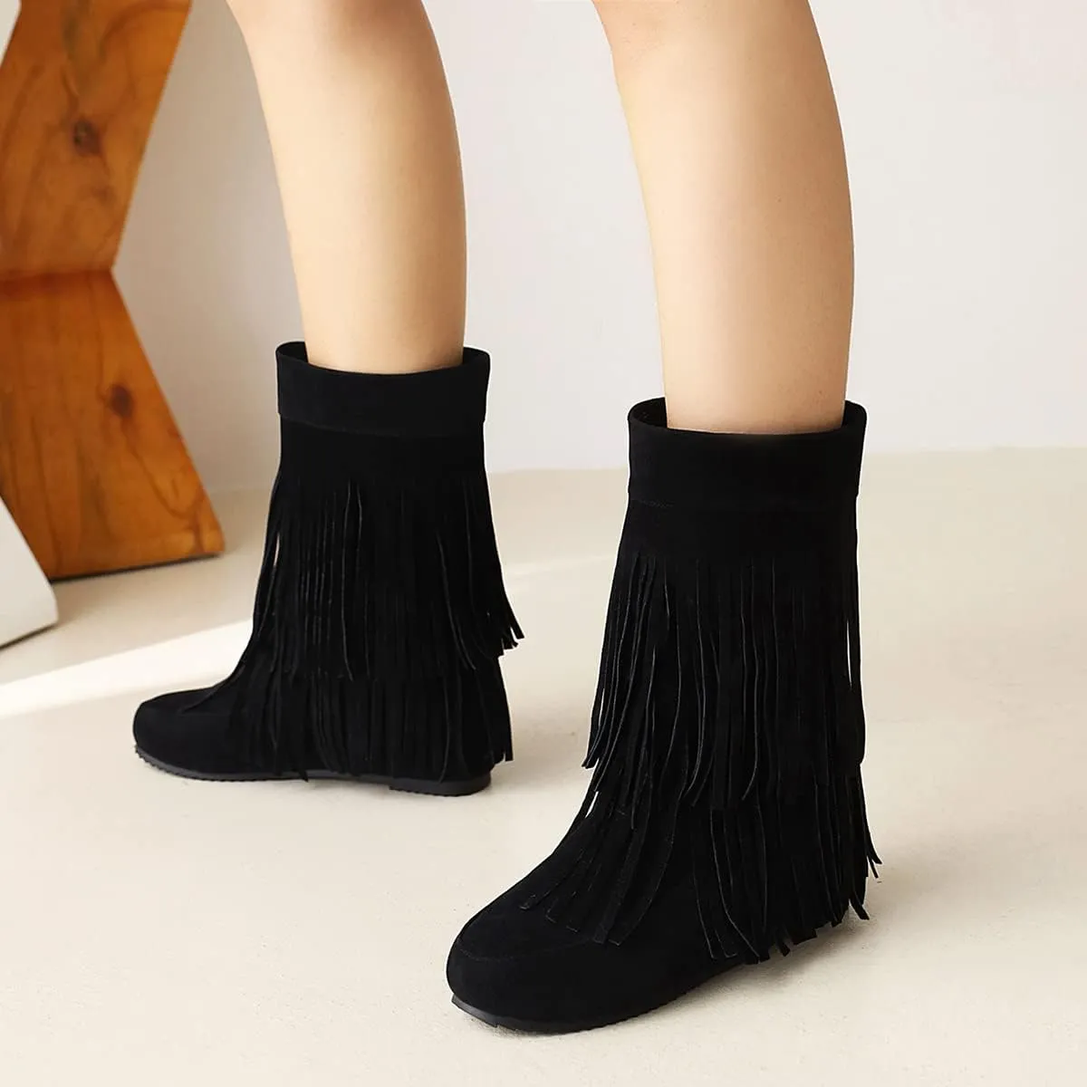 Roimaash Classic Double Fringe Moccasin Boots Mid Calf Women Flat