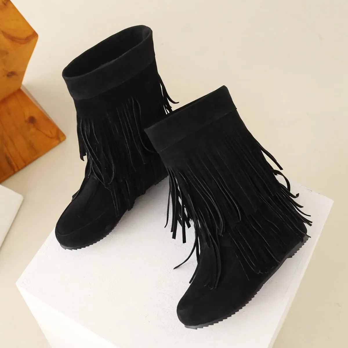 Roimaash Classic Double Fringe Moccasin Boots Mid Calf Women Flat