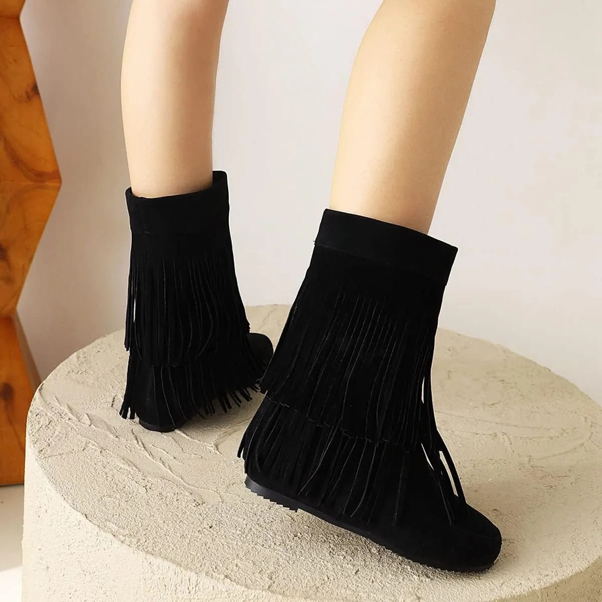 Roimaash Classic Double Fringe Moccasin Boots Mid Calf Women Flat
