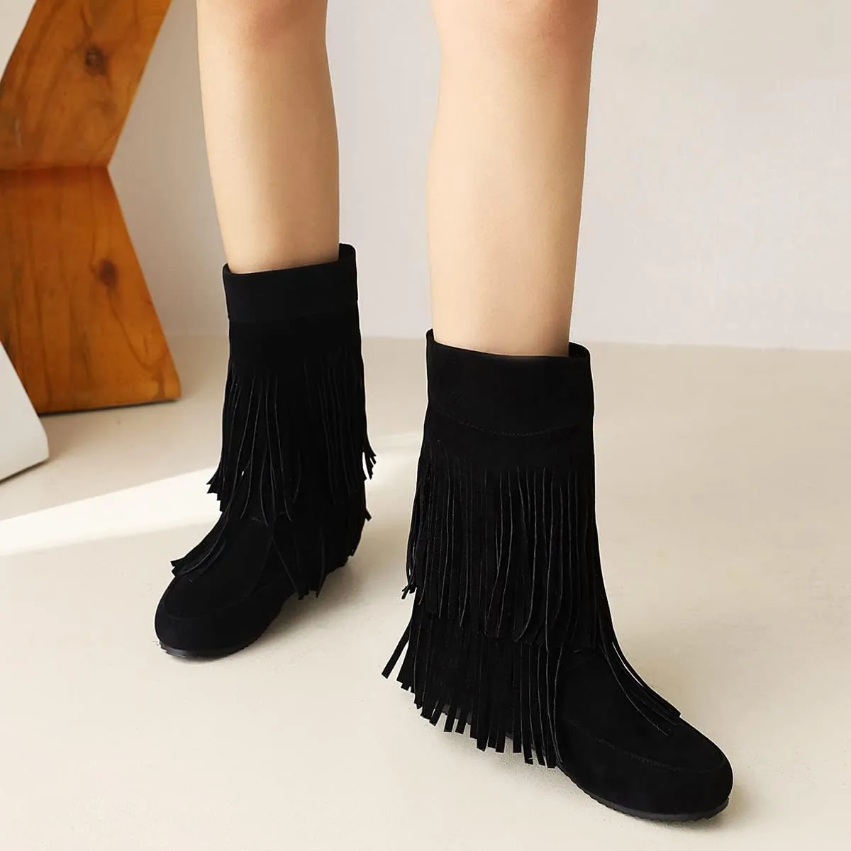 Roimaash Classic Double Fringe Moccasin Boots Mid Calf Women Flat