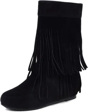 Roimaash Classic Double Fringe Moccasin Boots Mid Calf Women Flat