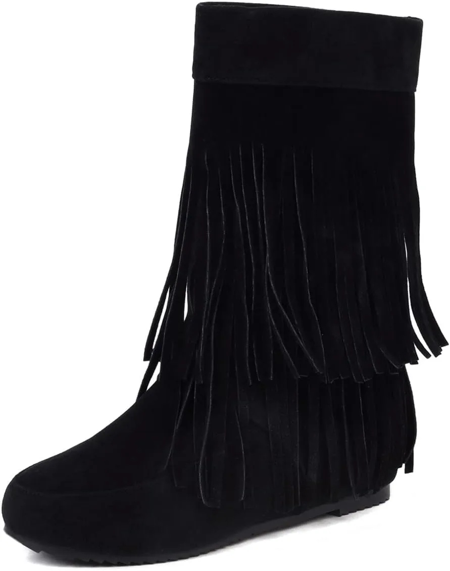 Roimaash Classic Double Fringe Moccasin Boots Mid Calf Women Flat