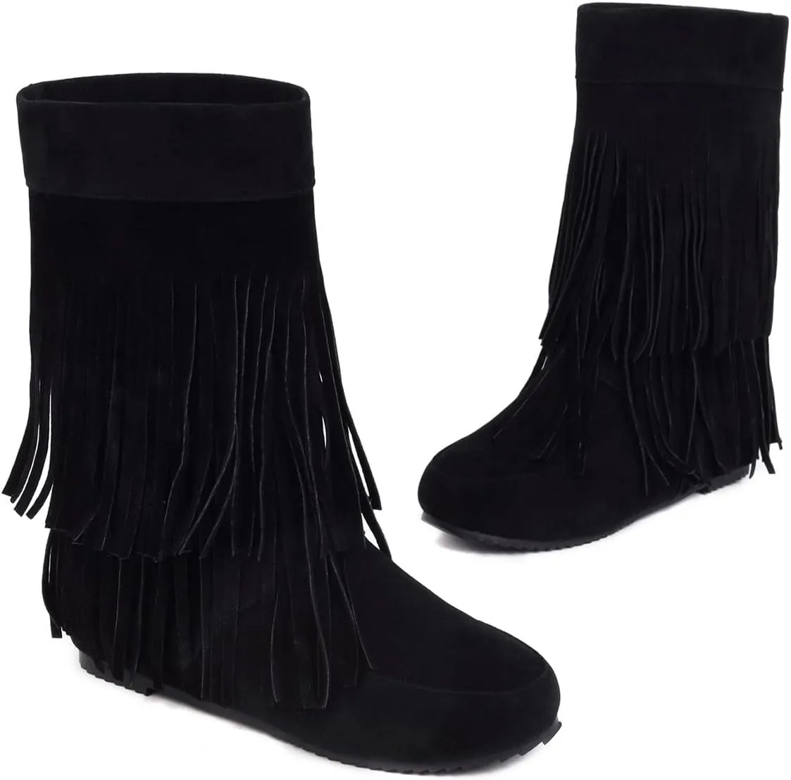 Roimaash Classic Double Fringe Moccasin Boots Mid Calf Women Flat