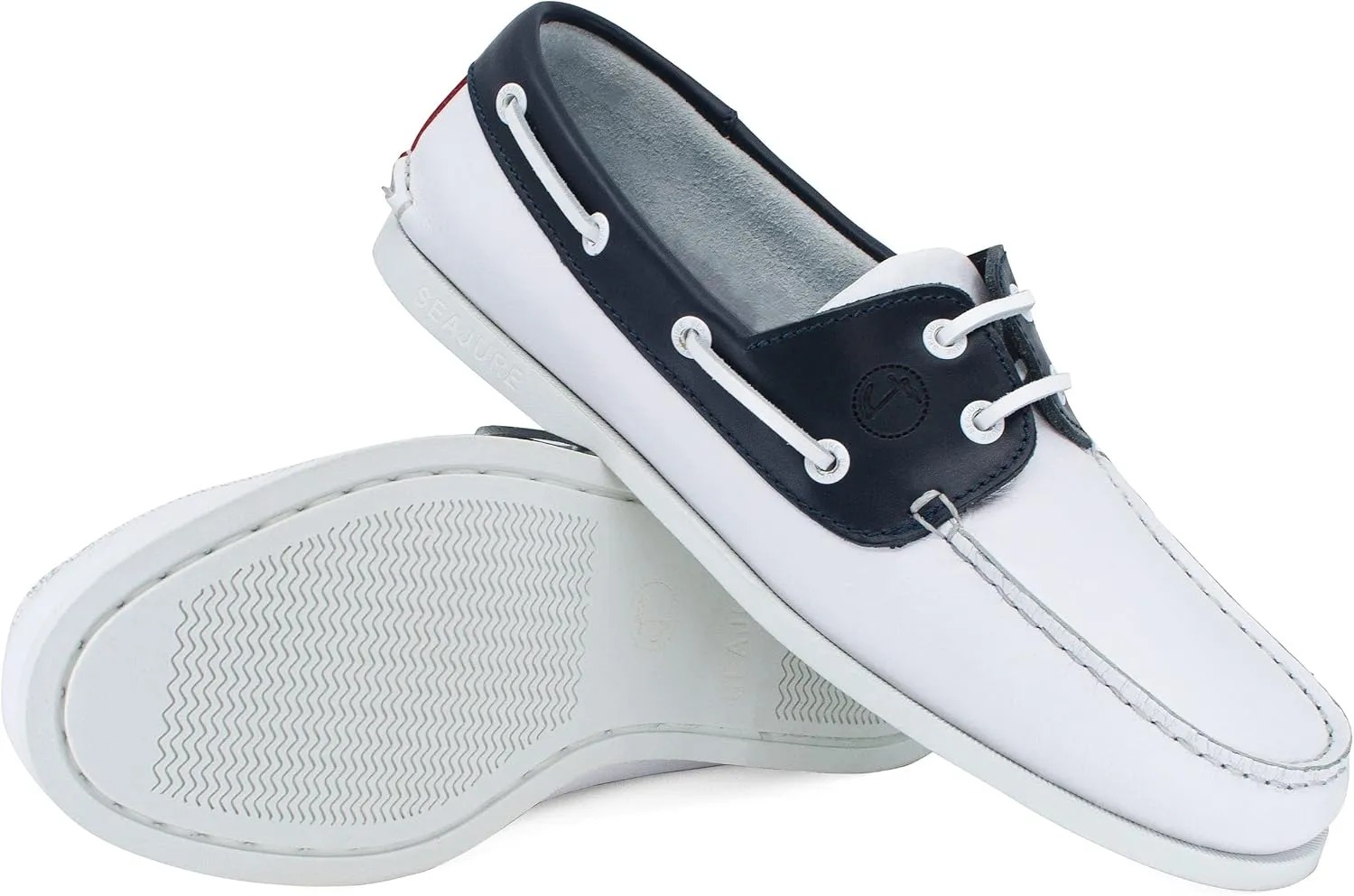 Seajure Men’s Boat Shoes Navagio White, Navy Blue and Red Leather