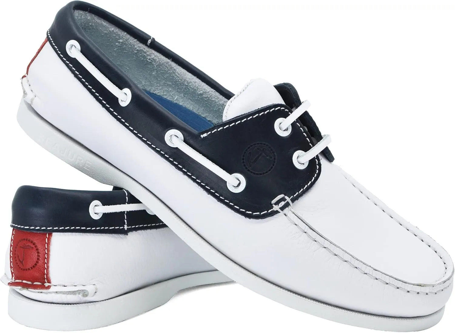 Seajure Men’s Boat Shoes Navagio White, Navy Blue and Red Leather