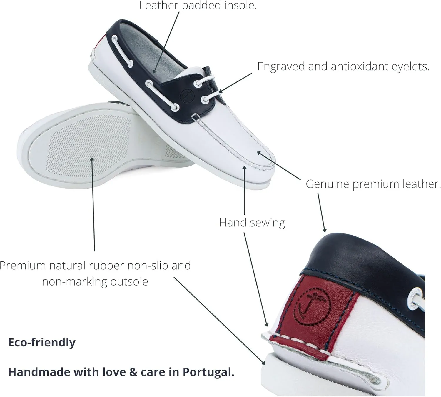 Seajure Men’s Boat Shoes Navagio White, Navy Blue and Red Leather