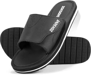 Slides for Men - Adjustable Slide Sandals Slip On- Open Toe Memory Foam Beach Sandals - Comfortable Summer Footwear for indoor/outdoor - Black 7