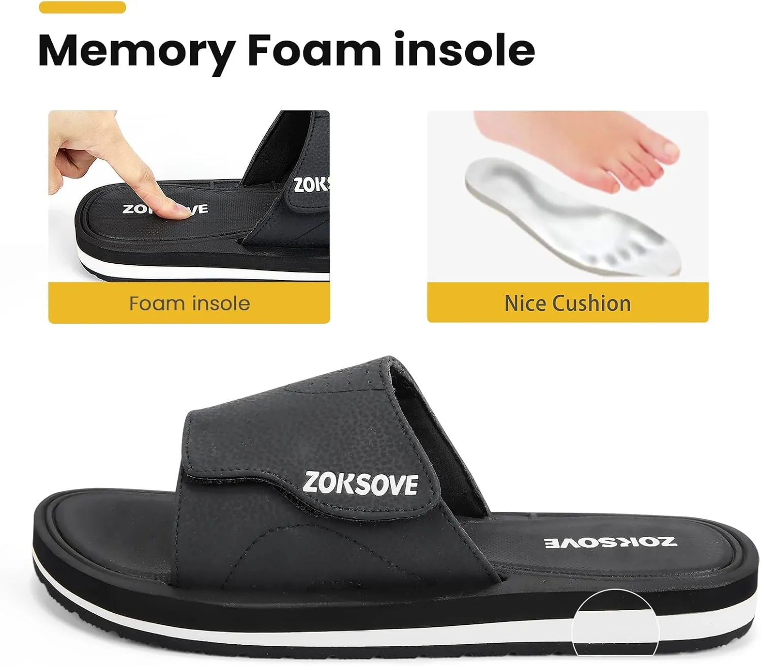 Slides for Men - Adjustable Slide Sandals Slip On- Open Toe Memory Foam Beach Sandals - Comfortable Summer Footwear for indoor/outdoor - Black 7