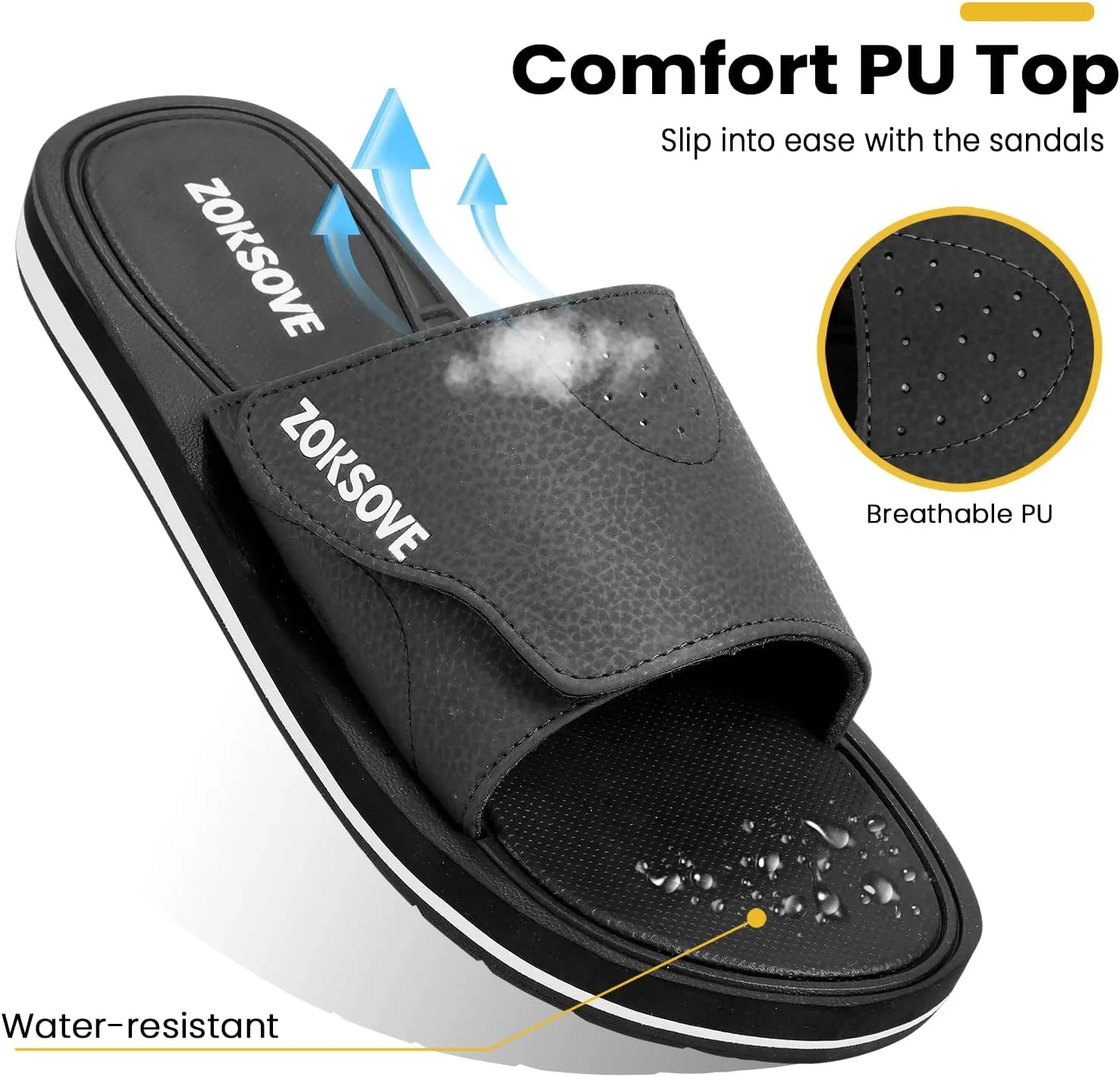 Slides for Men - Adjustable Slide Sandals Slip On- Open Toe Memory Foam Beach Sandals - Comfortable Summer Footwear for indoor/outdoor - Black 7