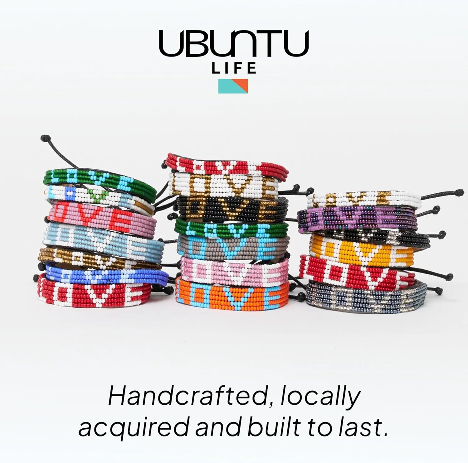 Ubuntu Life Beaded Leather LOVE Bracelet – Handmade Genuine Leather and Glass Bead Bracelet with Slide Closure, Stackable Bracelets for Women and Men