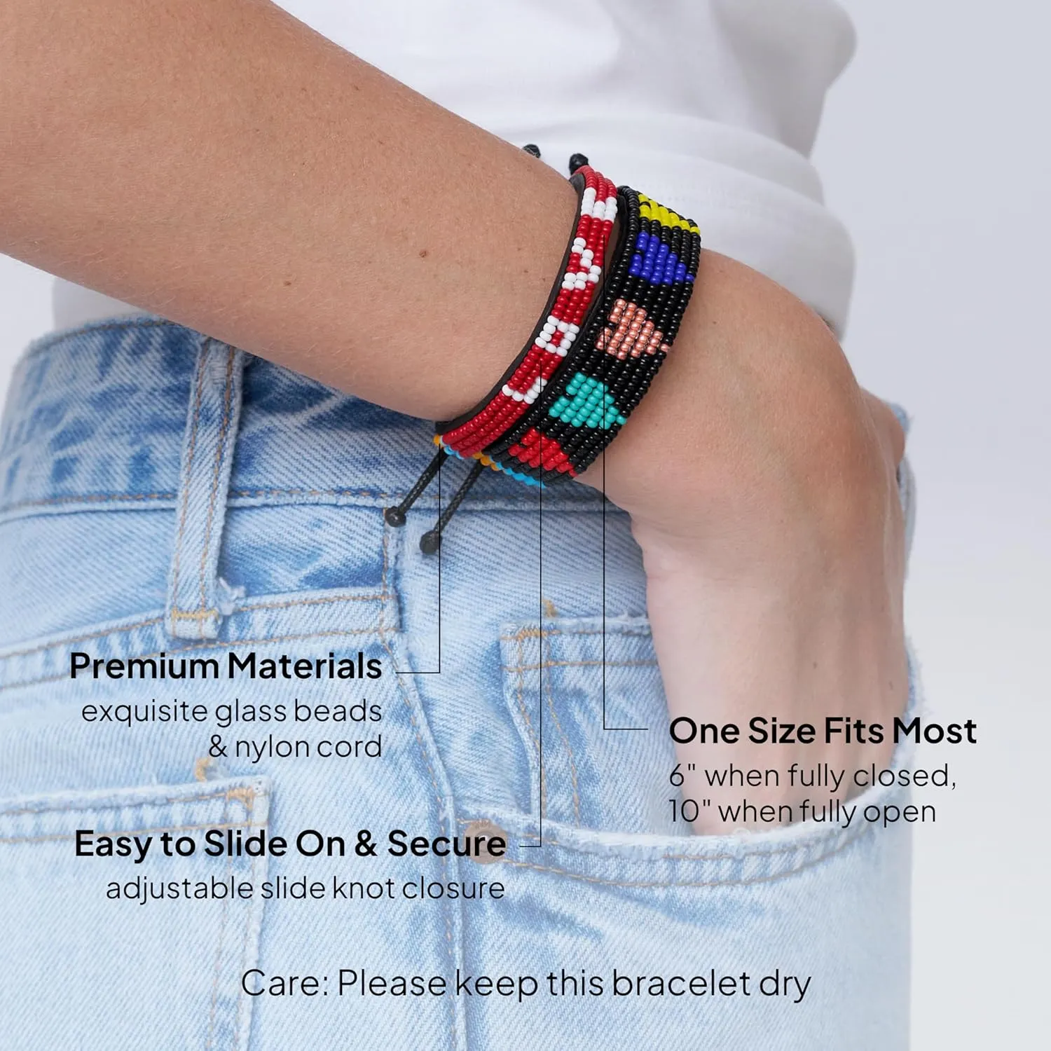 Ubuntu Life Beaded Leather LOVE Bracelet – Handmade Genuine Leather and Glass Bead Bracelet with Slide Closure, Stackable Bracelets for Women and Men