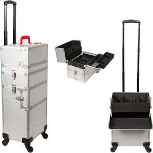 Ver Beauty Professional Rolling Makeup Case, Heavy Duty Hair Stylist & Makeup Artist Travel Case with Easy Slide and Extendable Trays, Silver, VT002-24