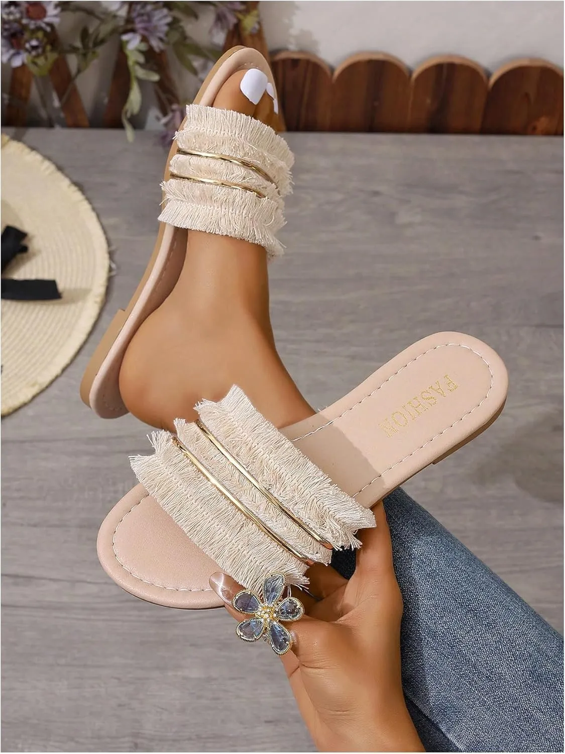 Verdusa Women's PU Leather Fringed Open Toe Flat Slide Sandals Casual Slip on Dressy Sandals