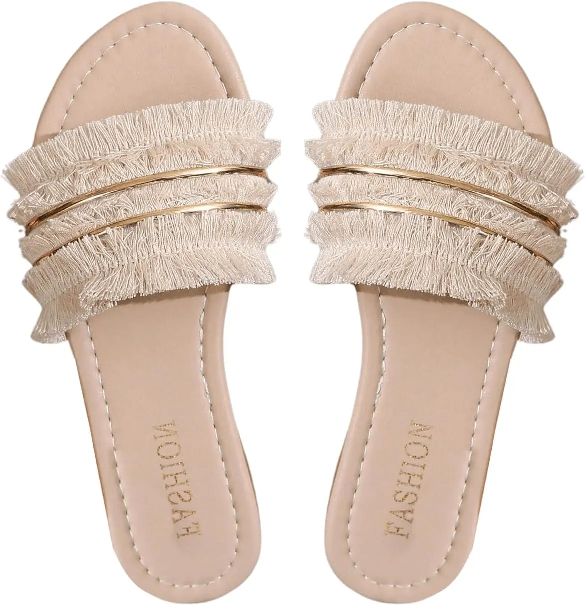Verdusa Women's PU Leather Fringed Open Toe Flat Slide Sandals Casual Slip on Dressy Sandals