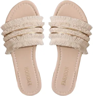 Verdusa Women's PU Leather Fringed Open Toe Flat Slide Sandals Casual Slip on Dressy Sandals