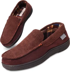 Weatherproof Vintage Venetian Corduroy Slippers for Men, Warm Moccasin-Style Indoor Outdoor House Shoes with Memory Foam, Fleece Lining, and Non-Slip Sole
