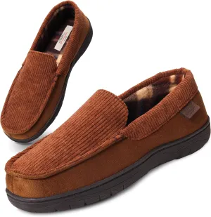 Weatherproof Vintage Venetian Corduroy Slippers for Men, Warm Moccasin-Style Indoor Outdoor House Shoes with Memory Foam, Fleece Lining, and Non-Slip Sole