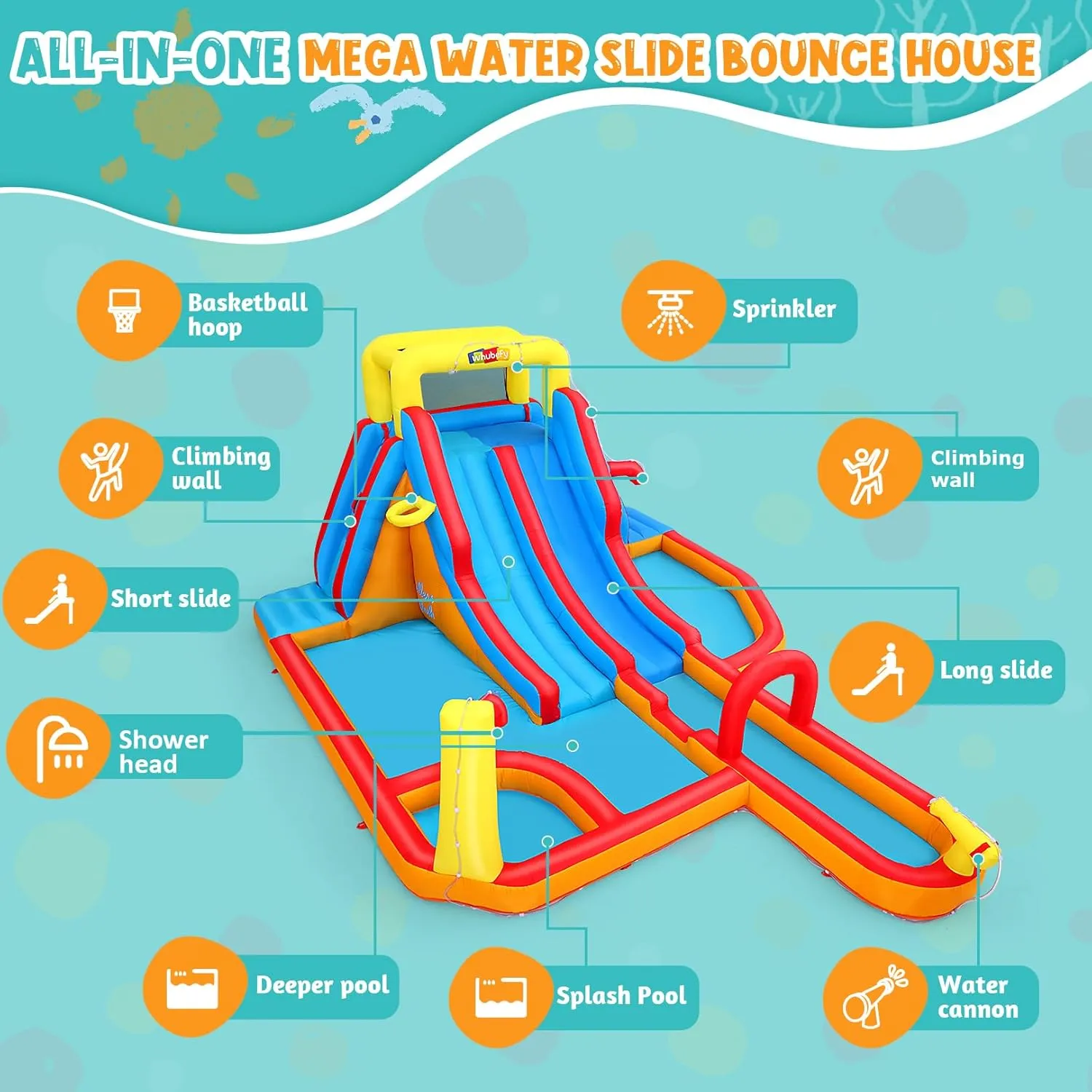 Whubefy 18x14FT Mega Inflatable Water Slide for Kids w/Extra Long Slide, 15-in-1 Wet or Dry Waterpark Bounce House - Dual Slide/2 Climbing Wall/Giant Splash Pool/Basketball Rim/Water Cannon/Blower