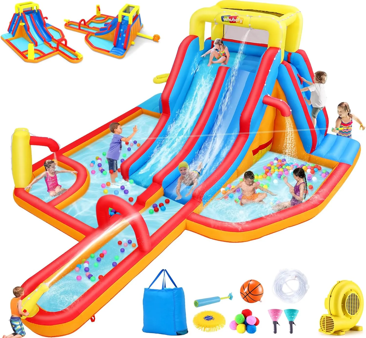 Whubefy 18x14FT Mega Inflatable Water Slide for Kids w/Extra Long Slide, 15-in-1 Wet or Dry Waterpark Bounce House - Dual Slide/2 Climbing Wall/Giant Splash Pool/Basketball Rim/Water Cannon/Blower