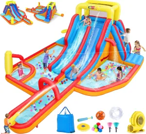 Whubefy 18x14FT Mega Inflatable Water Slide for Kids w/Extra Long Slide, 15-in-1 Wet or Dry Waterpark Bounce House - Dual Slide/2 Climbing Wall/Giant Splash Pool/Basketball Rim/Water Cannon/Blower