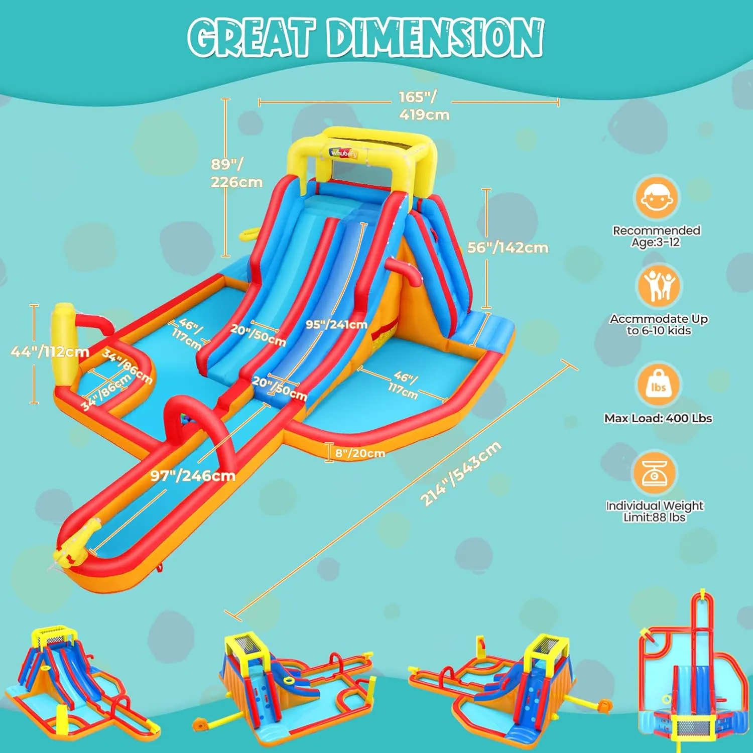 Whubefy 18x14FT Mega Inflatable Water Slide for Kids w/Extra Long Slide, 15-in-1 Wet or Dry Waterpark Bounce House - Dual Slide/2 Climbing Wall/Giant Splash Pool/Basketball Rim/Water Cannon/Blower