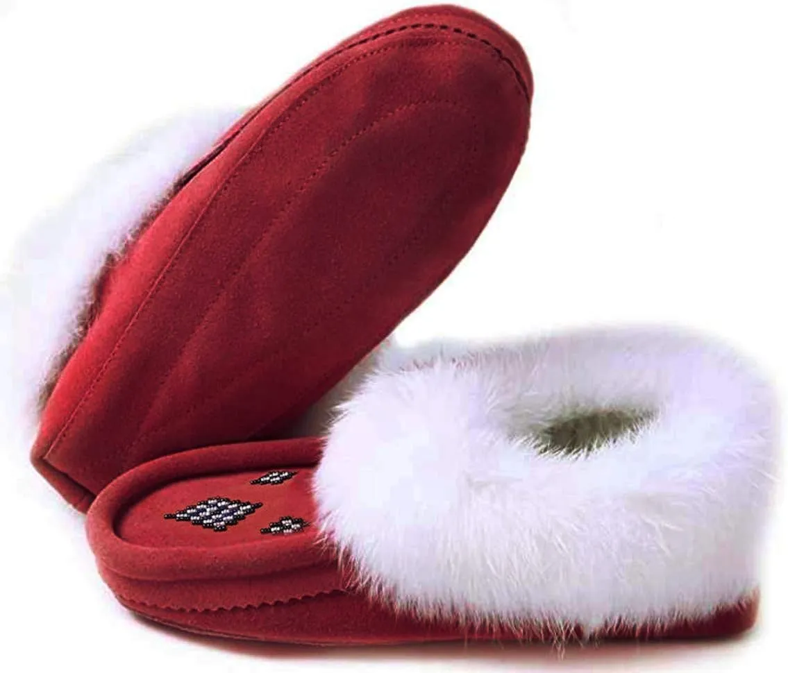 Women Moccasins Indoor Slippers of Soft Sole Fleece Lined Rabbit Fur Trim