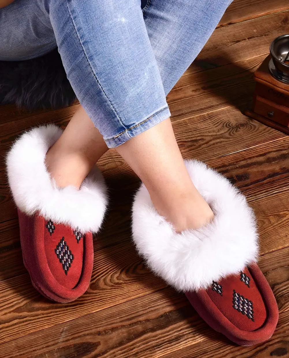 Women Moccasins Indoor Slippers of Soft Sole Fleece Lined Rabbit Fur Trim