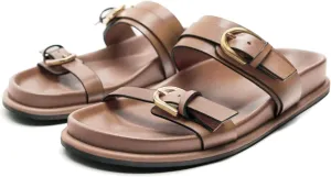 Women's Flat Sandals Open Toe Double Buckle Adjustable Slide Sandal Rubber Footbed Summer Comfort Slippers