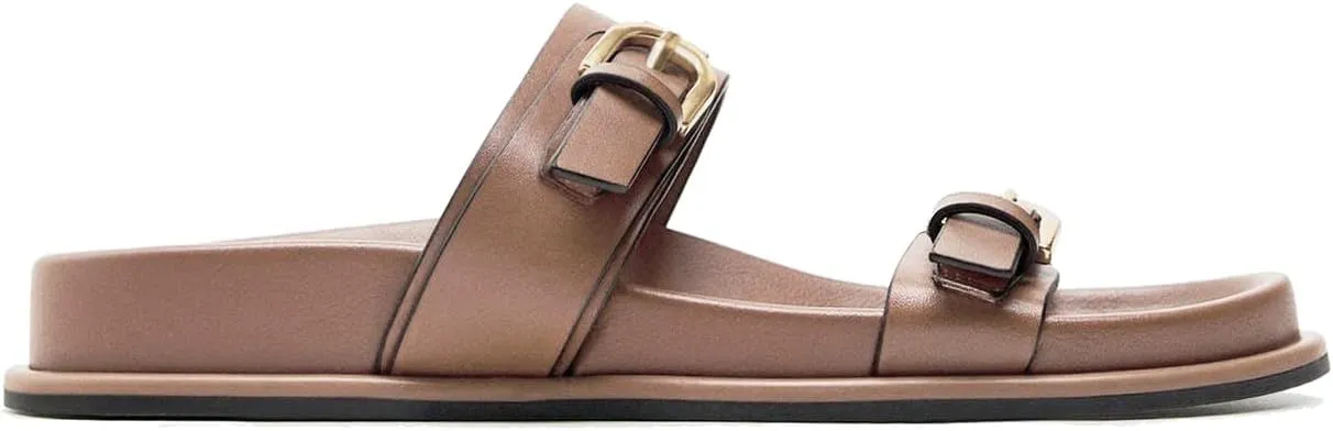 Women's Flat Sandals Open Toe Double Buckle Adjustable Slide Sandal Rubber Footbed Summer Comfort Slippers
