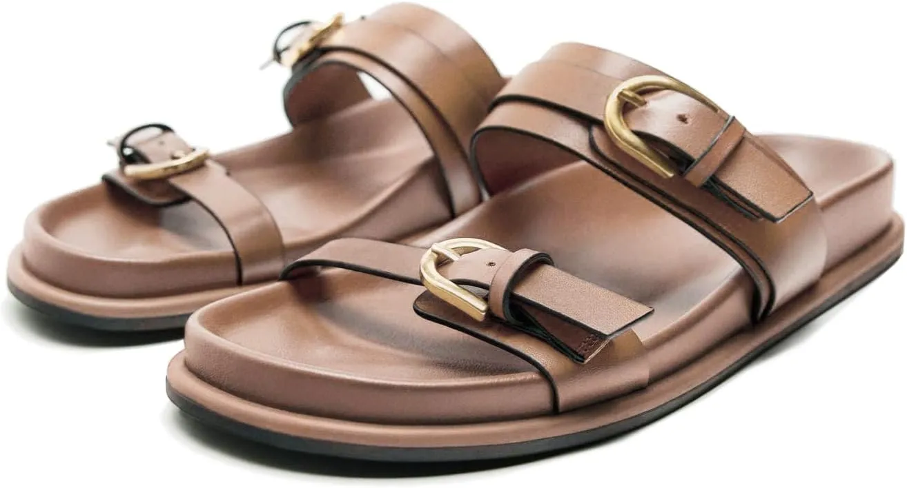 Women's Flat Sandals Open Toe Double Buckle Adjustable Slide Sandal Rubber Footbed Summer Comfort Slippers