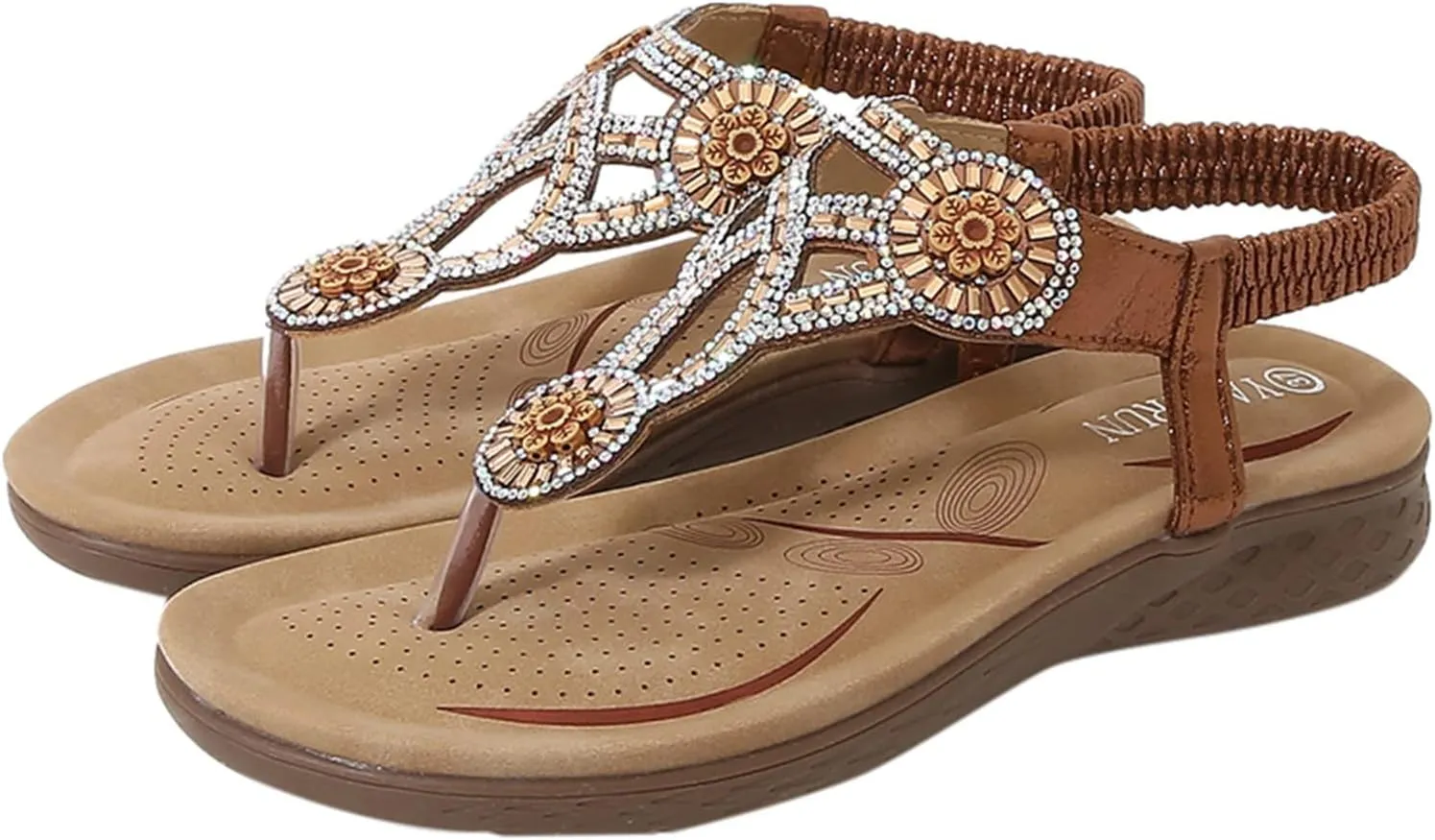 Womens Sandals Elastic Ankle Strap Sandals Casual Summer Flowers Sequins Bohemia Dress Shoes Slip On Beach Shoes