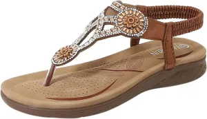 Womens Sandals Elastic Ankle Strap Sandals Casual Summer Flowers Sequins Bohemia Dress Shoes Slip On Beach Shoes