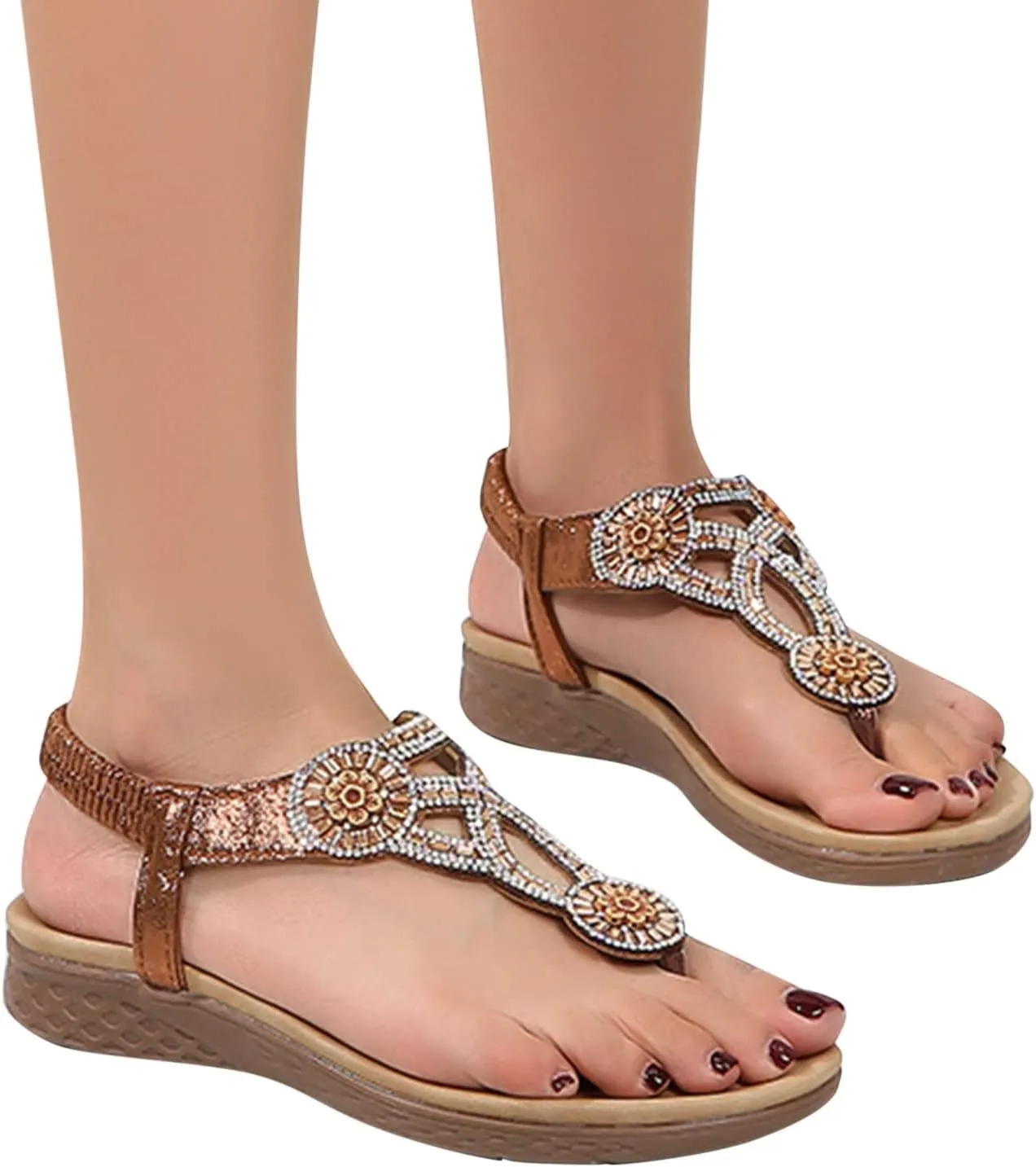 Womens Sandals Elastic Ankle Strap Sandals Casual Summer Flowers Sequins Bohemia Dress Shoes Slip On Beach Shoes