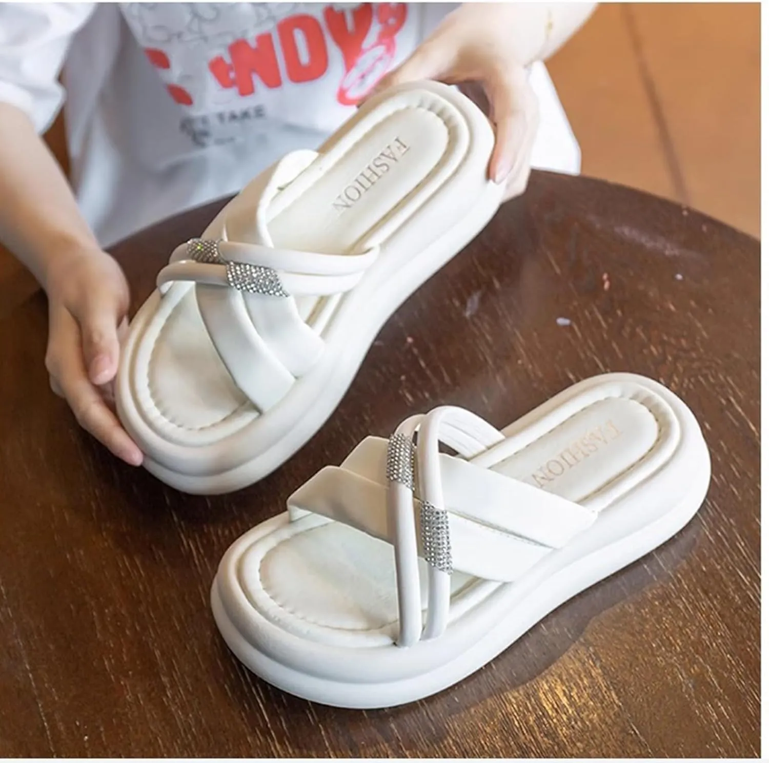 Women's Slide Sandals Open Toe Comfort Thick-soled Cloud Slides Rhinestone Sandals, Breathable Lightweight Beach Shoes