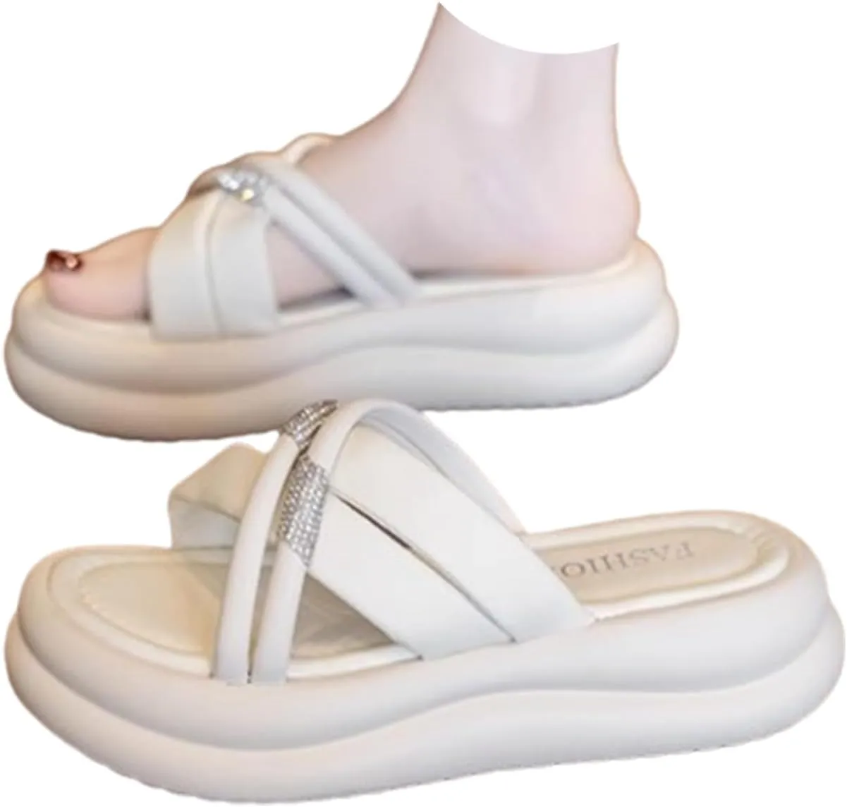 Women's Slide Sandals Open Toe Comfort Thick-soled Cloud Slides Rhinestone Sandals, Breathable Lightweight Beach Shoes