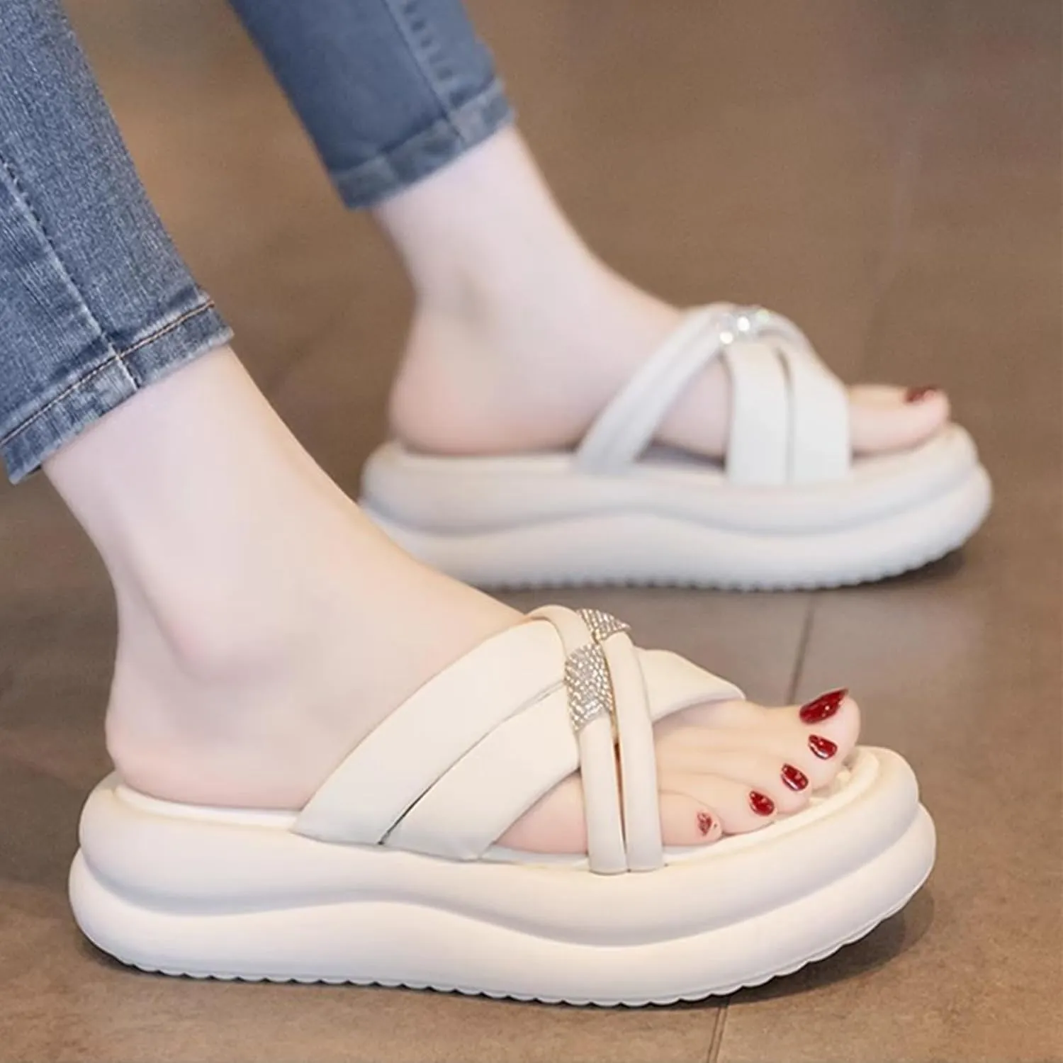 Women's Slide Sandals Open Toe Comfort Thick-soled Cloud Slides Rhinestone Sandals, Breathable Lightweight Beach Shoes