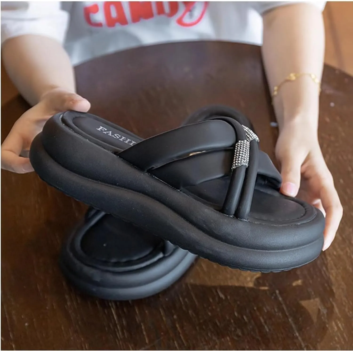 Women's Slide Sandals Open Toe Comfort Thick-soled Cloud Slides Rhinestone Sandals, Breathable Lightweight Beach Shoes