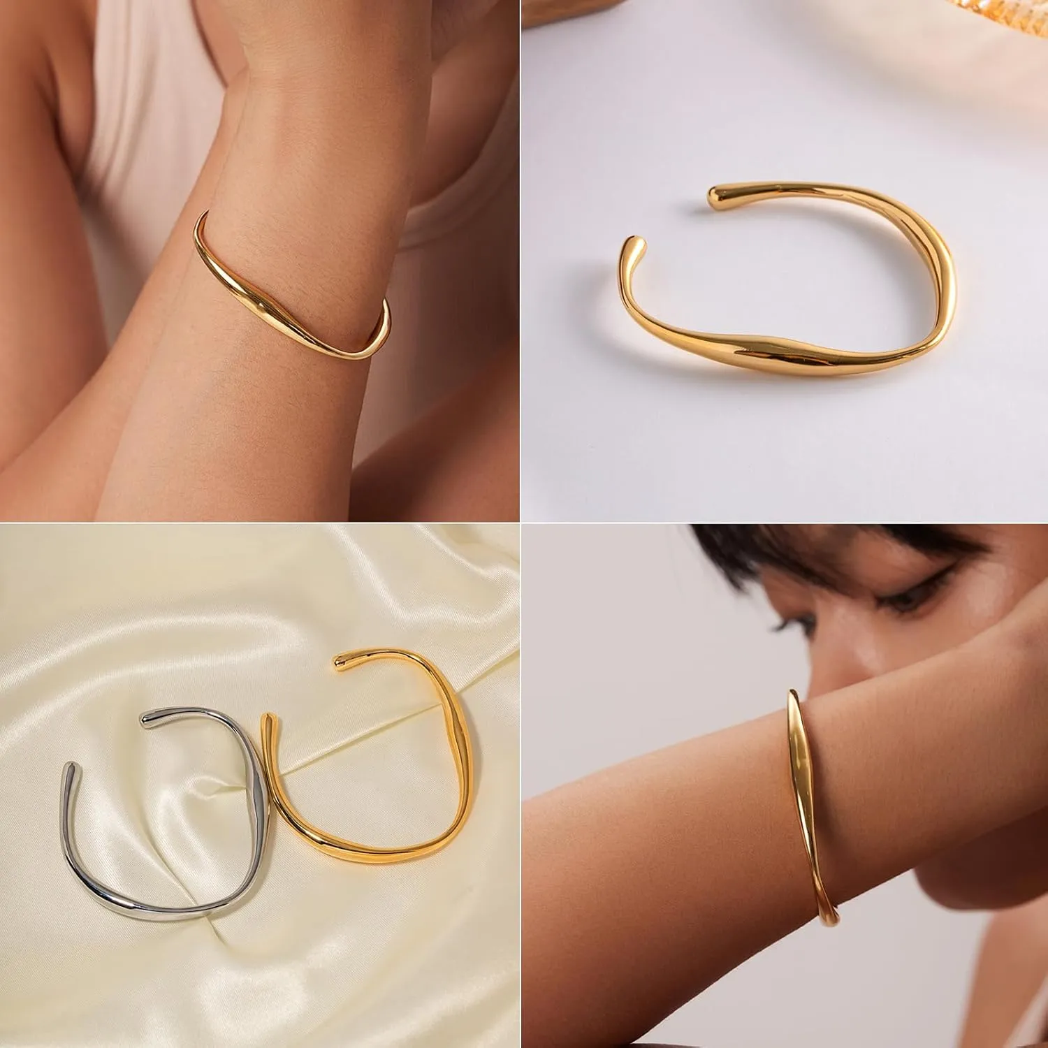 WOWORAMA Teardrop Gold Cuff Bracelets for Women Adjustable 18K Gold Plated Chunky Open Cuff Bangle Bracelets Minimalist Thick Gold Wrist Cuff Bracelets