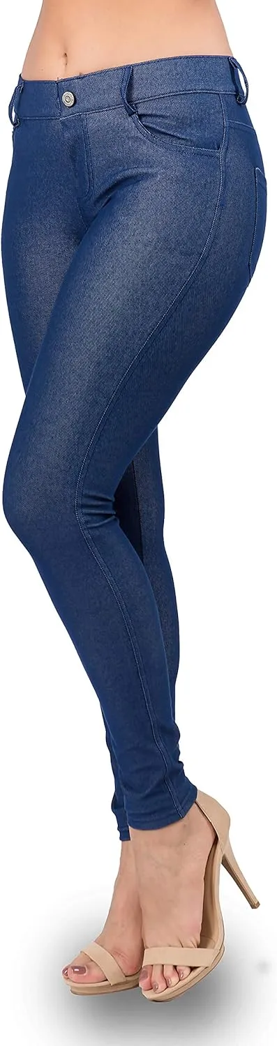 Ylluo Women's Jeggings with Pockets - Skinny Fit Denim Look - High Waisted Stretchy Pull On Pants - Full-Length & Capri