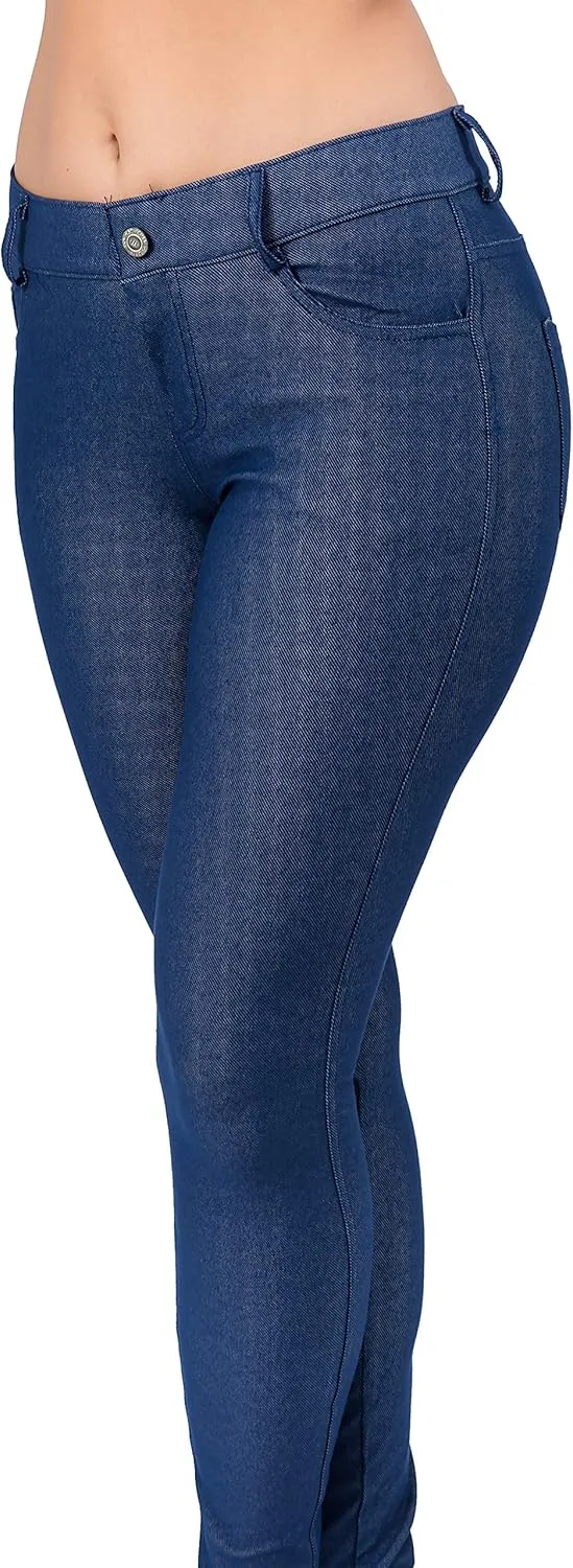 Ylluo Women's Jeggings with Pockets - Skinny Fit Denim Look - High Waisted Stretchy Pull On Pants - Full-Length & Capri