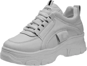 YSMIIH Women Platform Chunky Sneakers Lace up Silver White Cosy Athletic Sports Walking Shoes