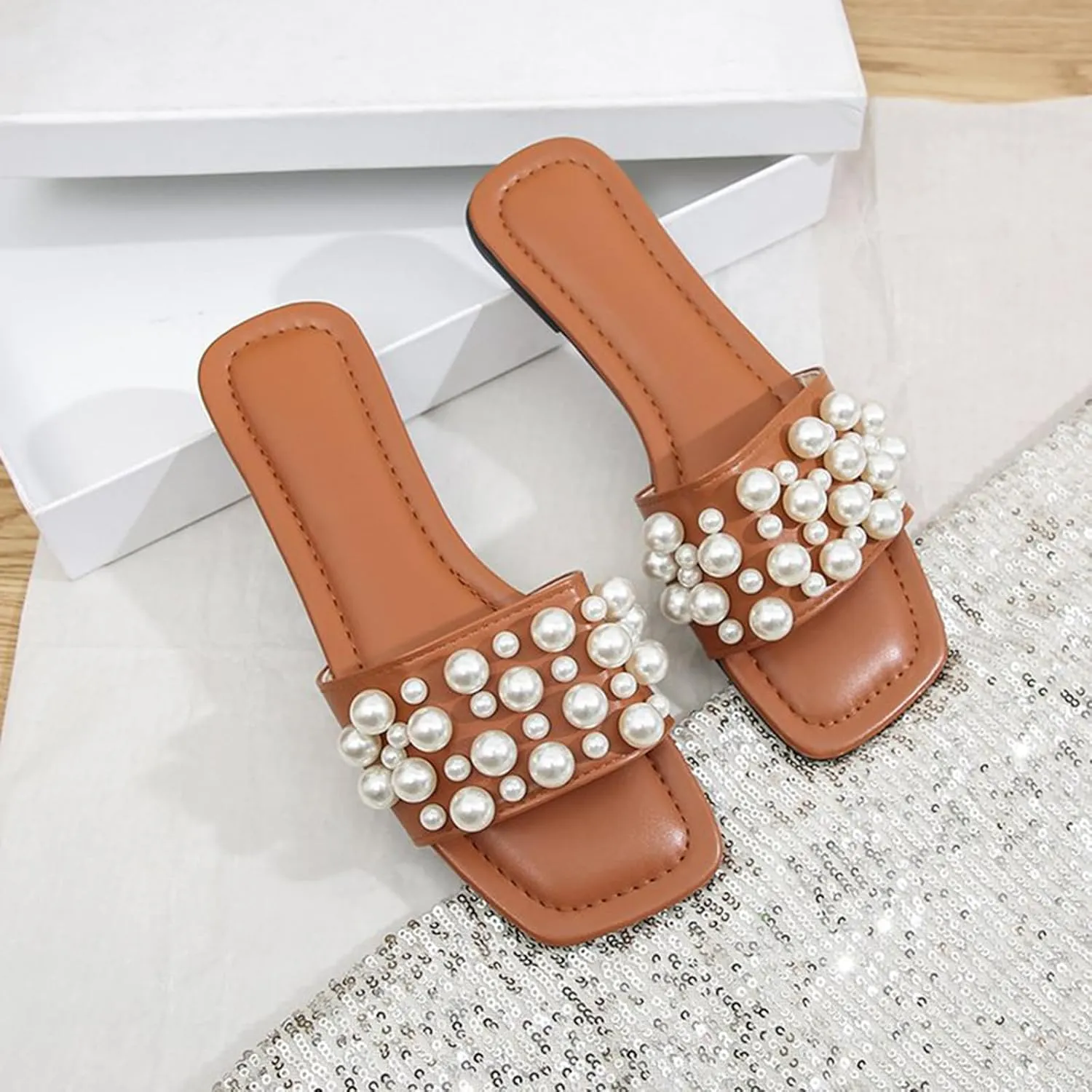 Zeberfi Women's Sparkle Pearl Flat Slide Sandals Fashion Summer Dress Party Slippers Breathable Square Open Toe Bling Beach Sandals
