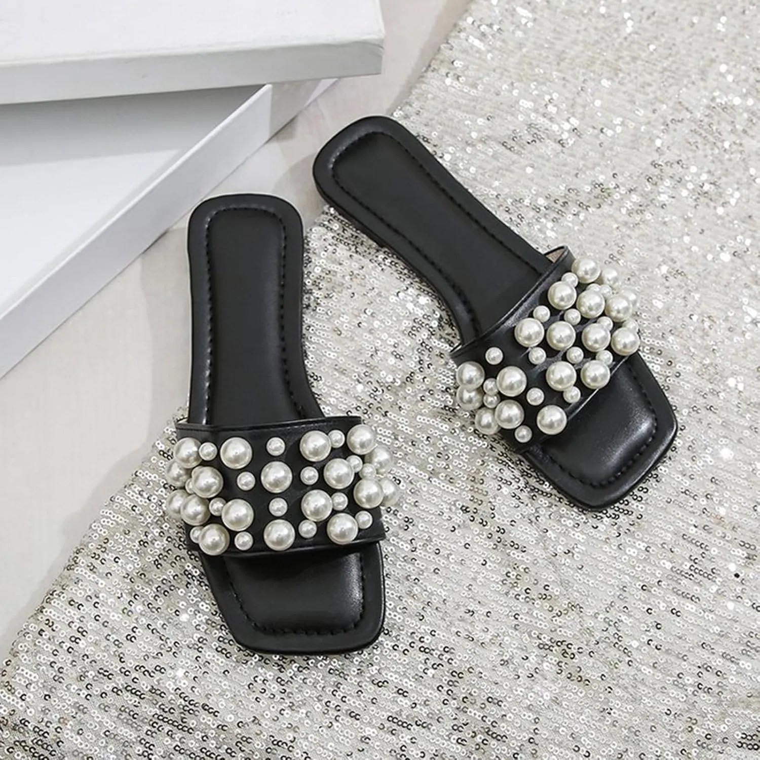 Zeberfi Women's Sparkle Pearl Flat Slide Sandals Fashion Summer Dress Party Slippers Breathable Square Open Toe Bling Beach Sandals