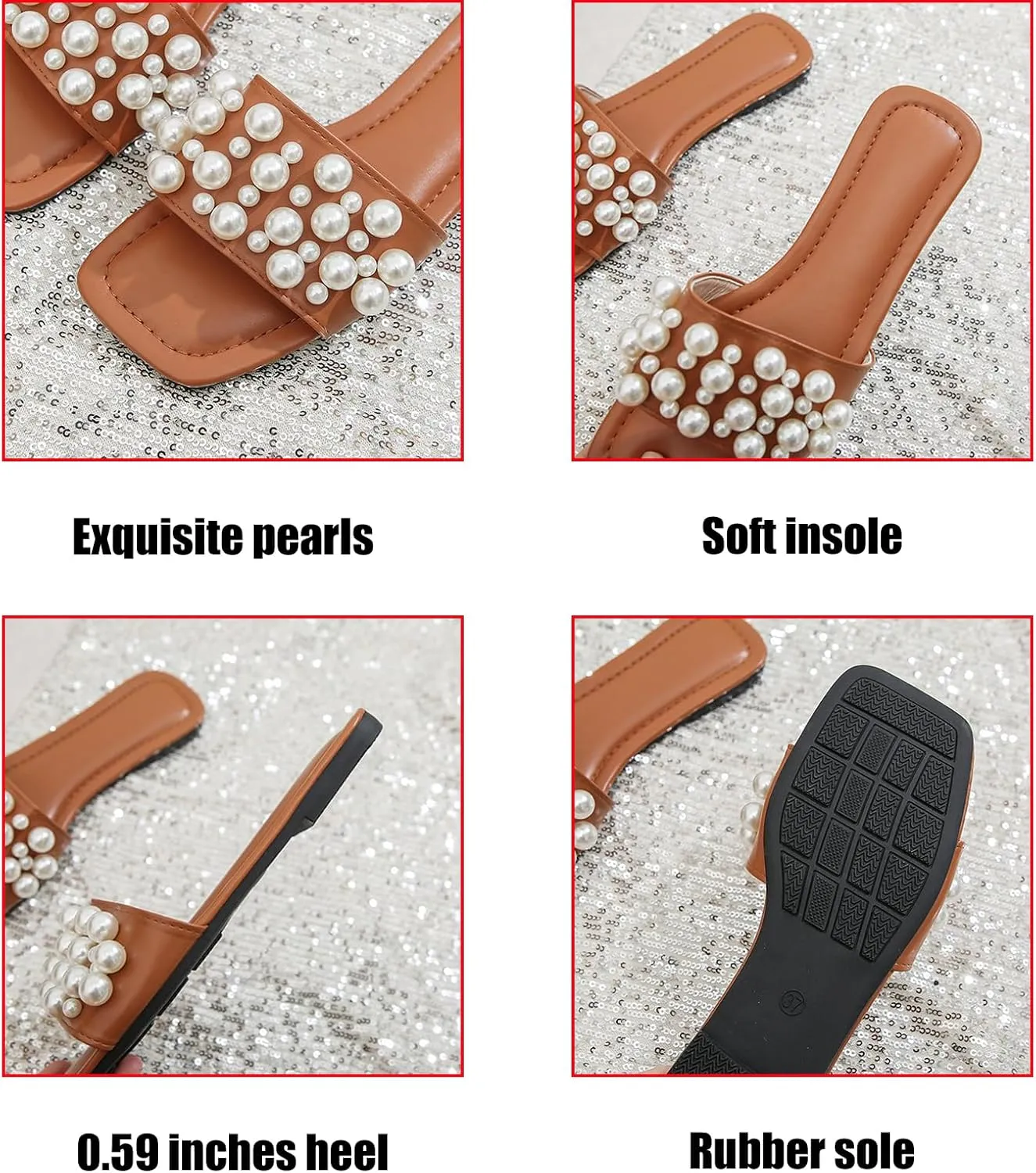 Zeberfi Women's Sparkle Pearl Flat Slide Sandals Fashion Summer Dress Party Slippers Breathable Square Open Toe Bling Beach Sandals
