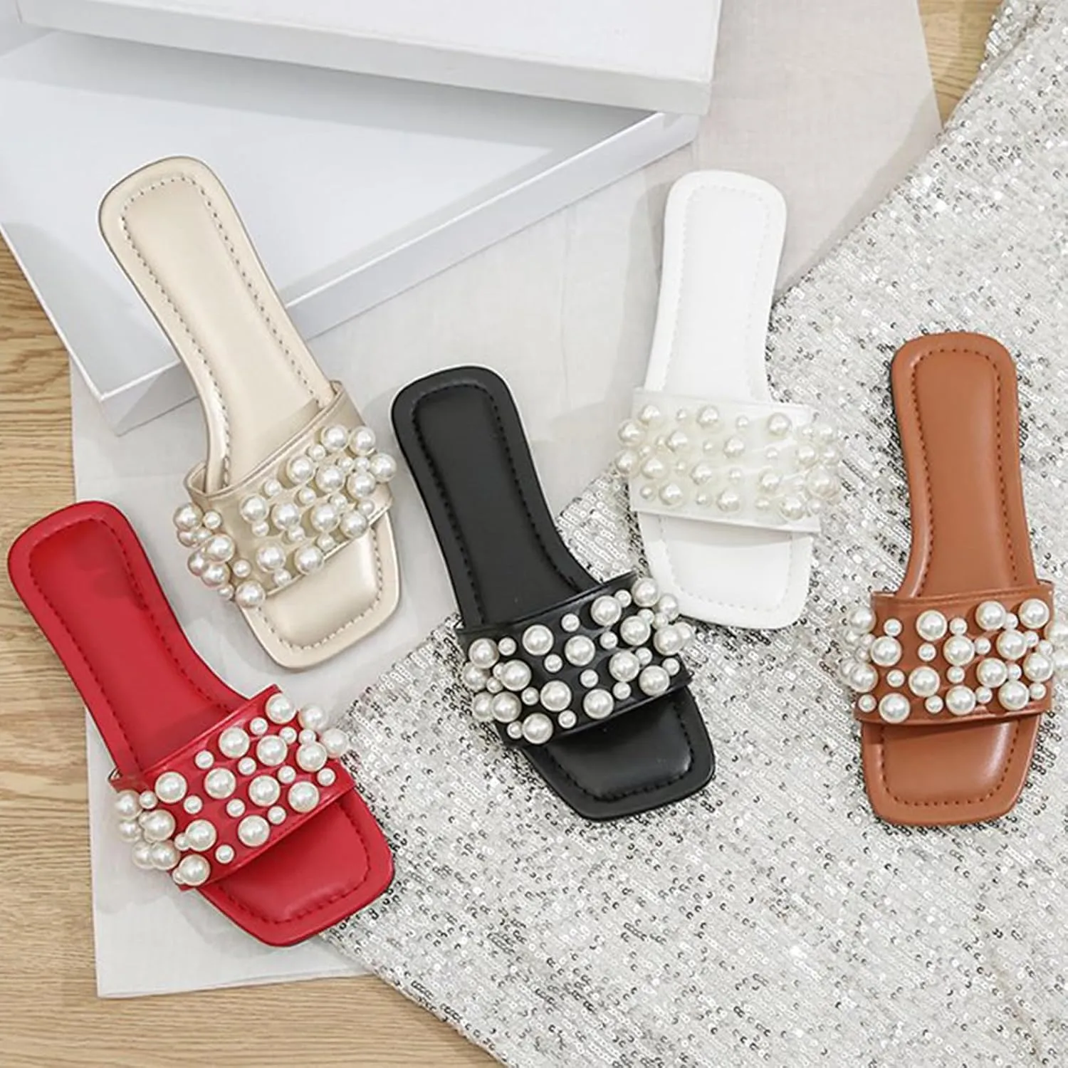 Zeberfi Women's Sparkle Pearl Flat Slide Sandals Fashion Summer Dress Party Slippers Breathable Square Open Toe Bling Beach Sandals